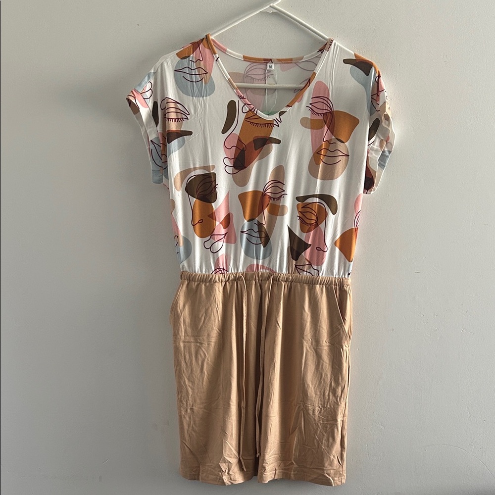 Abstract Face Print Mini Dress in White & Tan with Elastic Waist